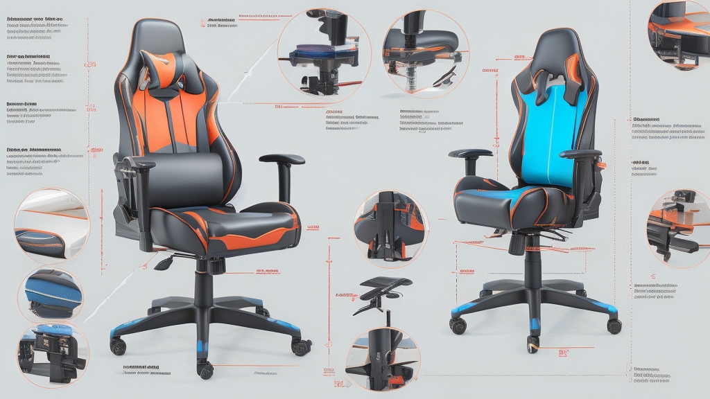 Részletes technikai diagram gamer szék beállítási mechanizmusokról nyilakkal és magyarázó szövegekkel